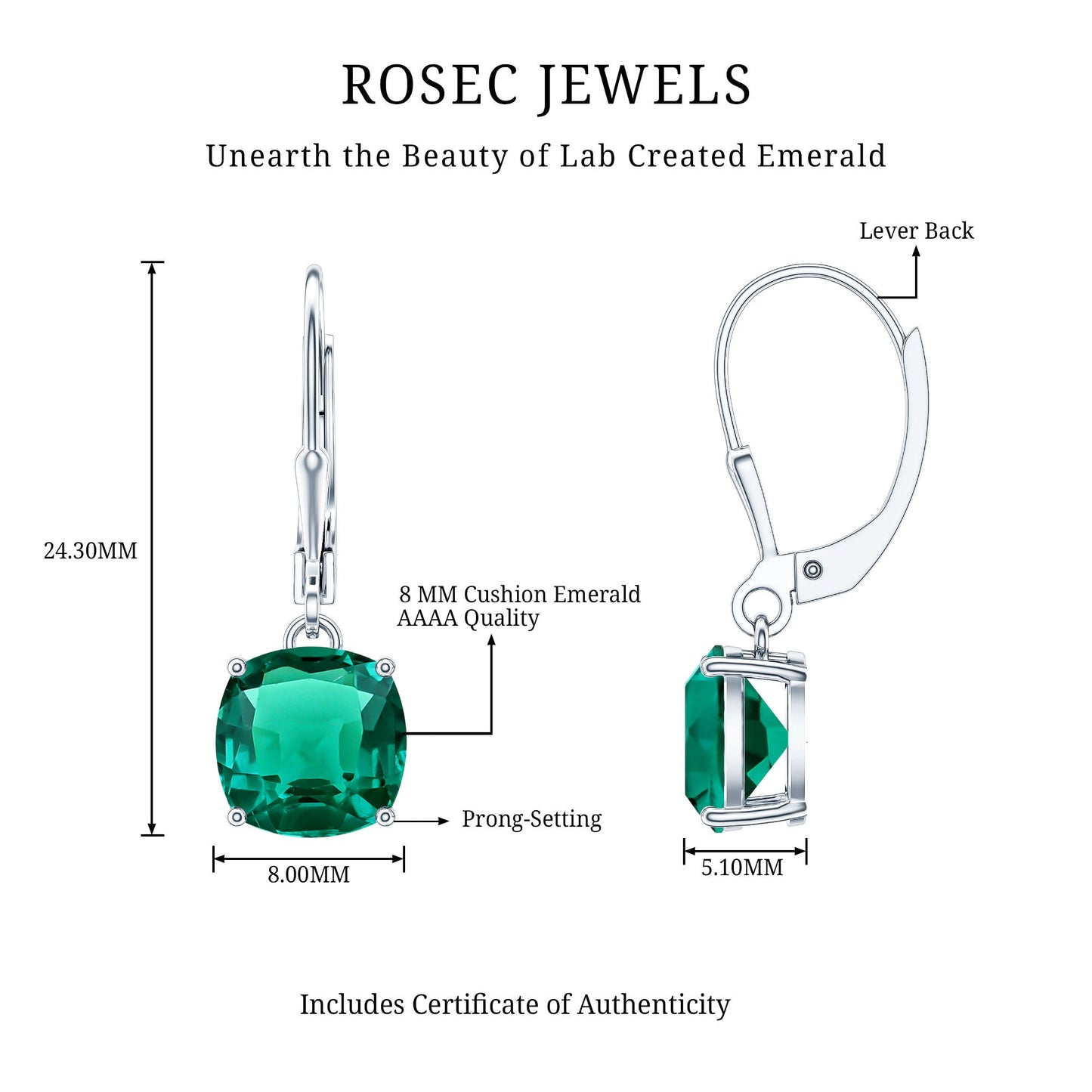 Cushion Cut Lab Created Emerald Dangle Hoop Earrings