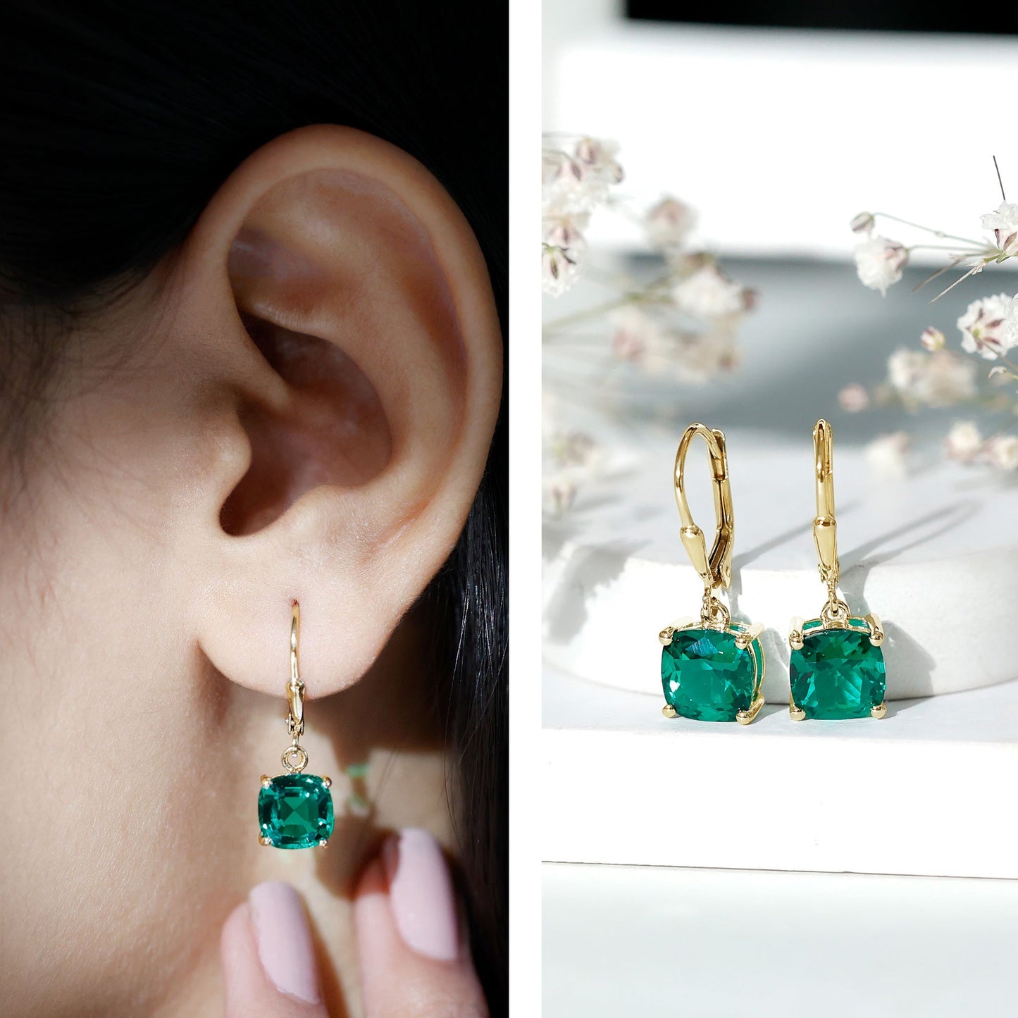 Cushion Cut Lab Created Emerald Dangle Hoop Earrings