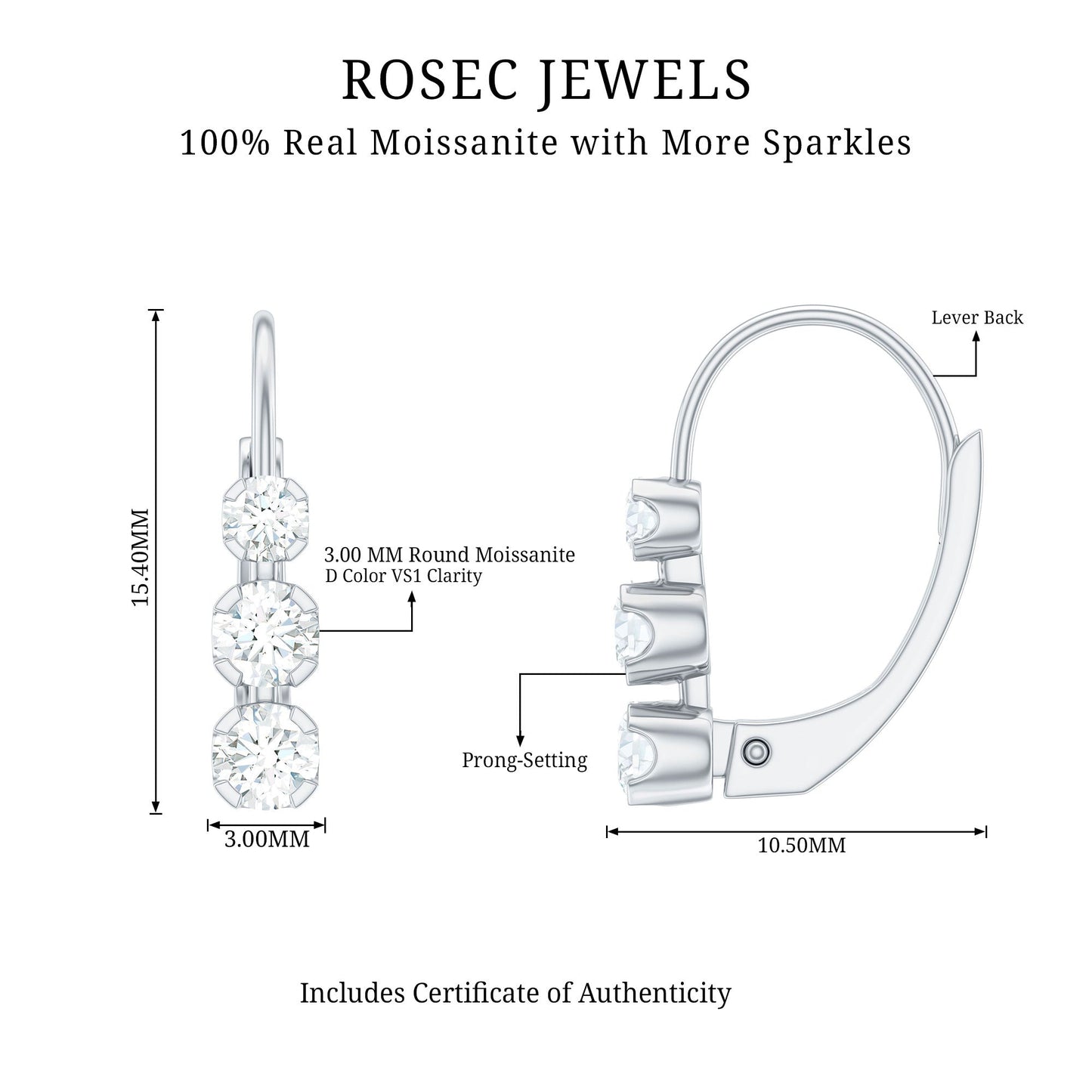 Round Moissanite Three Stone Hoop Earrings with Lever Back