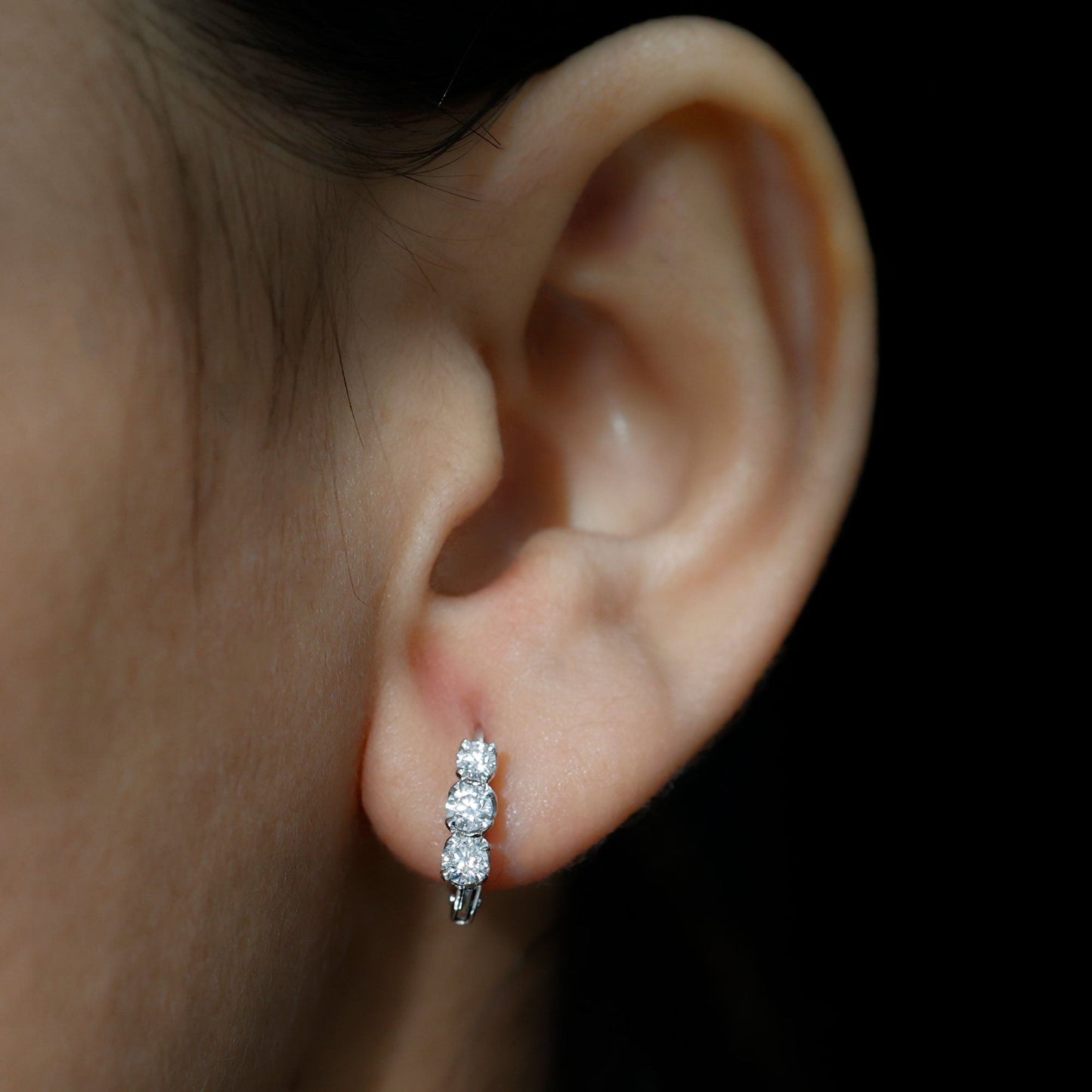 Round Moissanite Three Stone Hoop Earrings with Lever Back