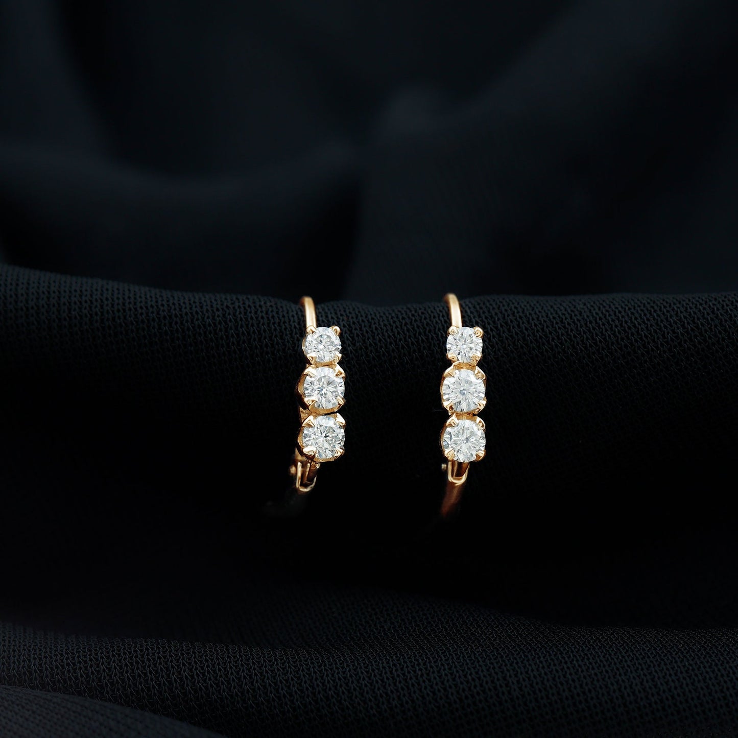 Round Moissanite Three Stone Hoop Earrings with Lever Back