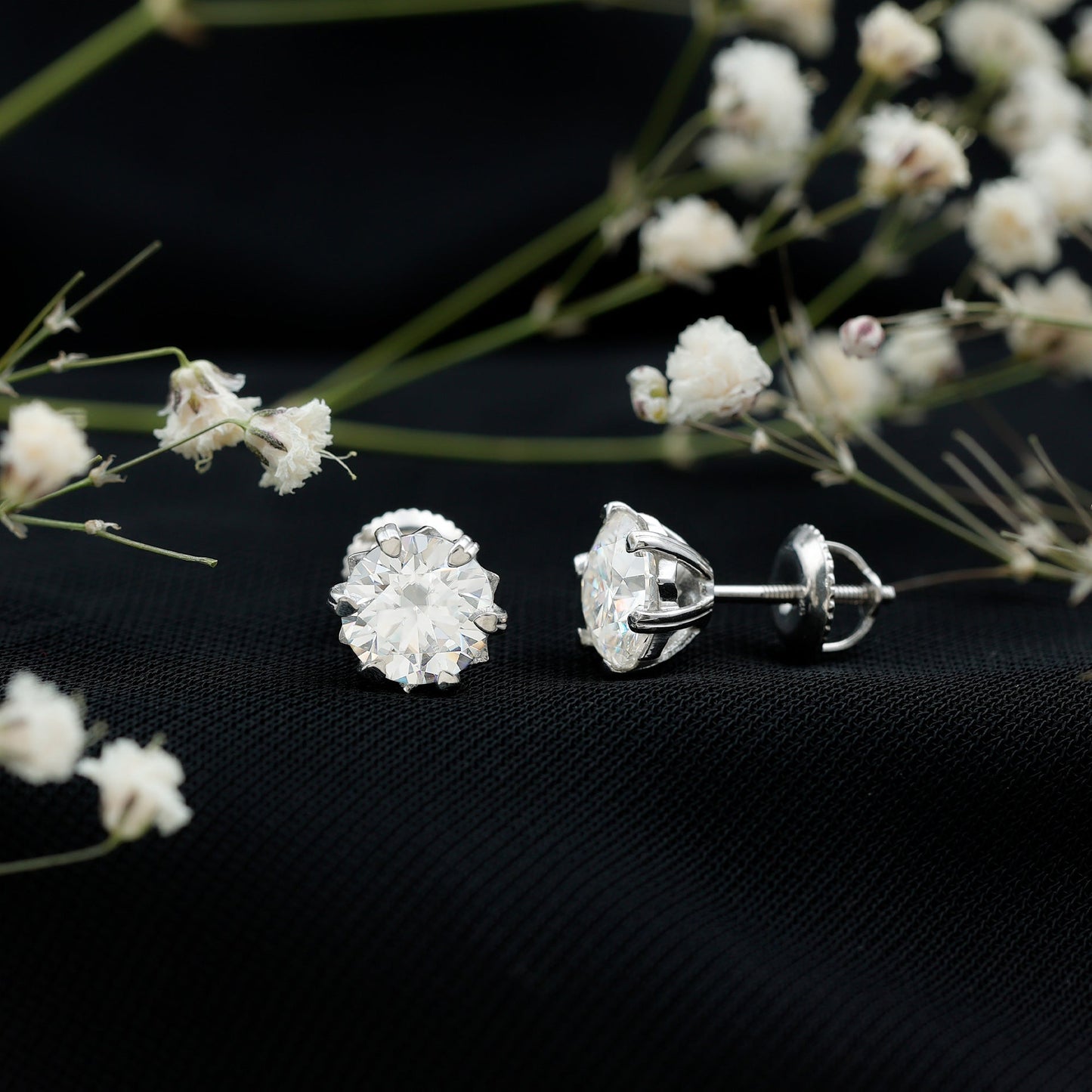 Brilliant Cut Moissanite Solitaire Stud Earrings in Decorative Setting