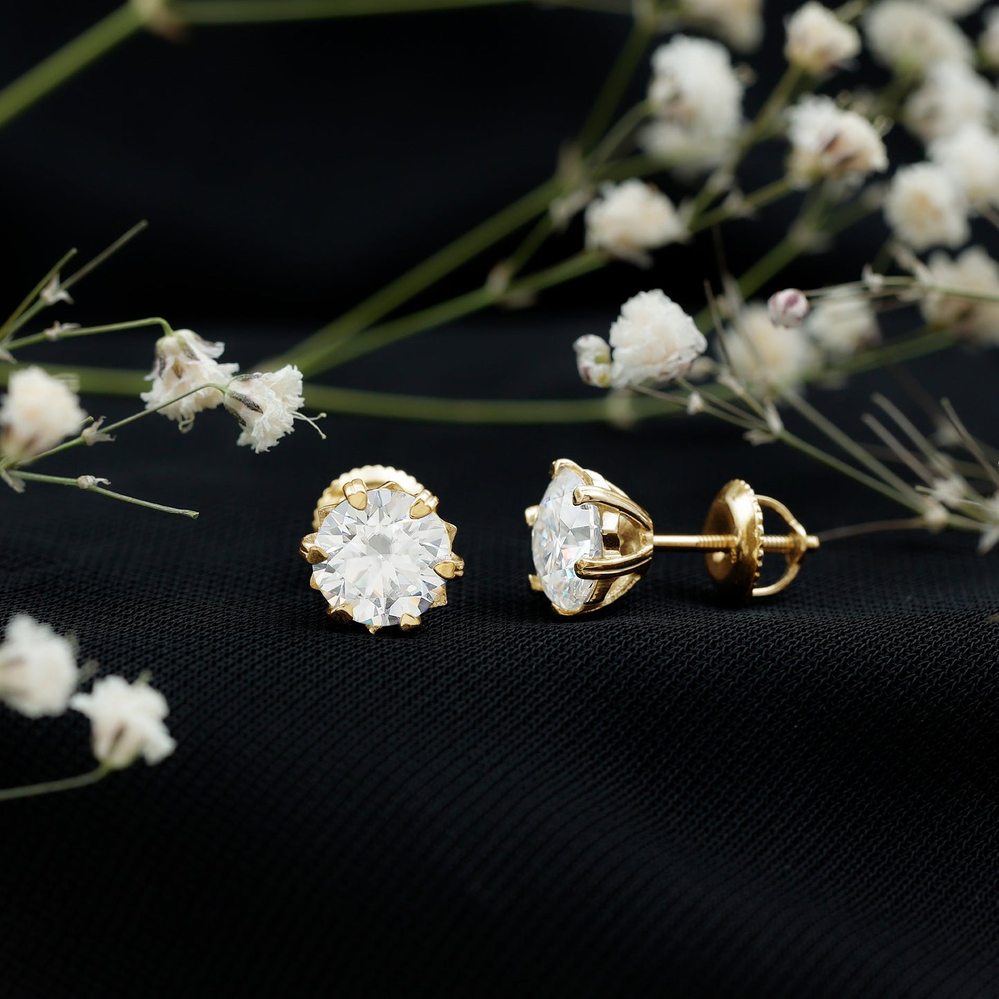 Brilliant Cut Moissanite Solitaire Stud Earrings in Decorative Setting