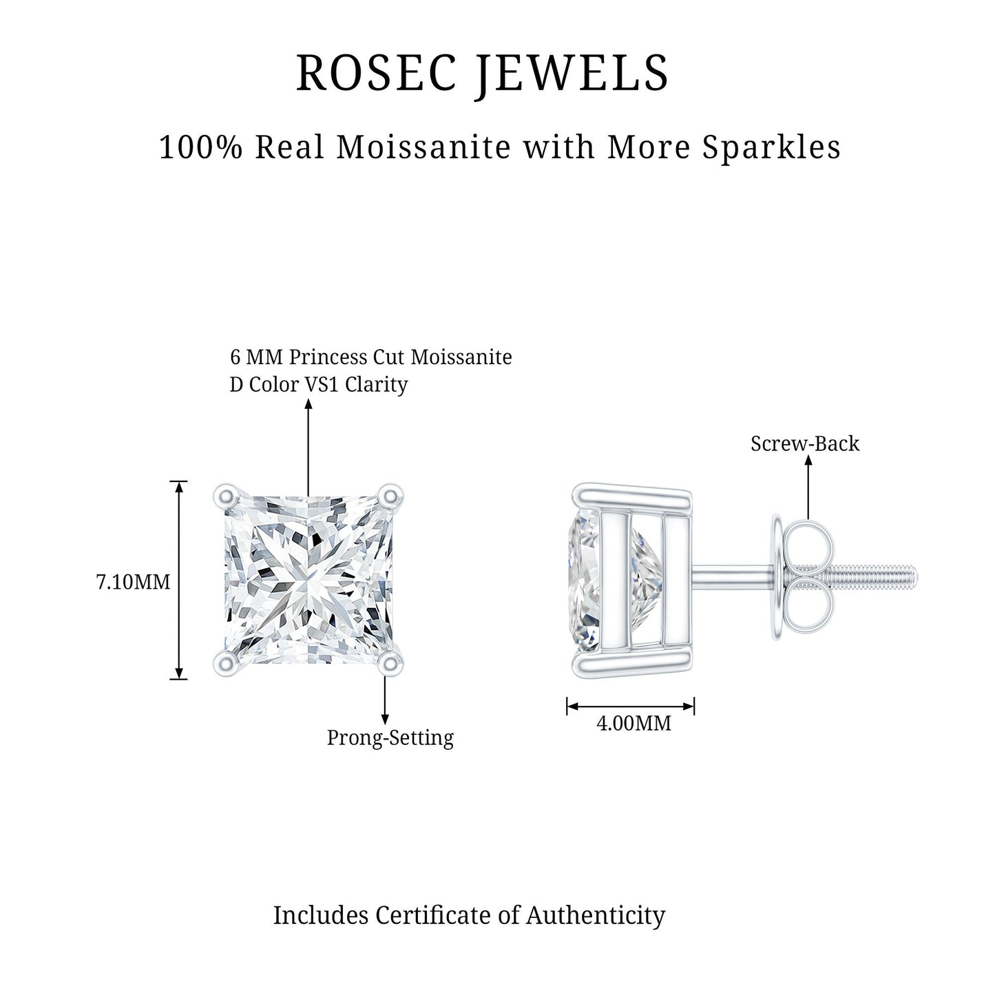 Certified 2.5 Carat Princess Cut Moissanite Stud Earrings in Silver