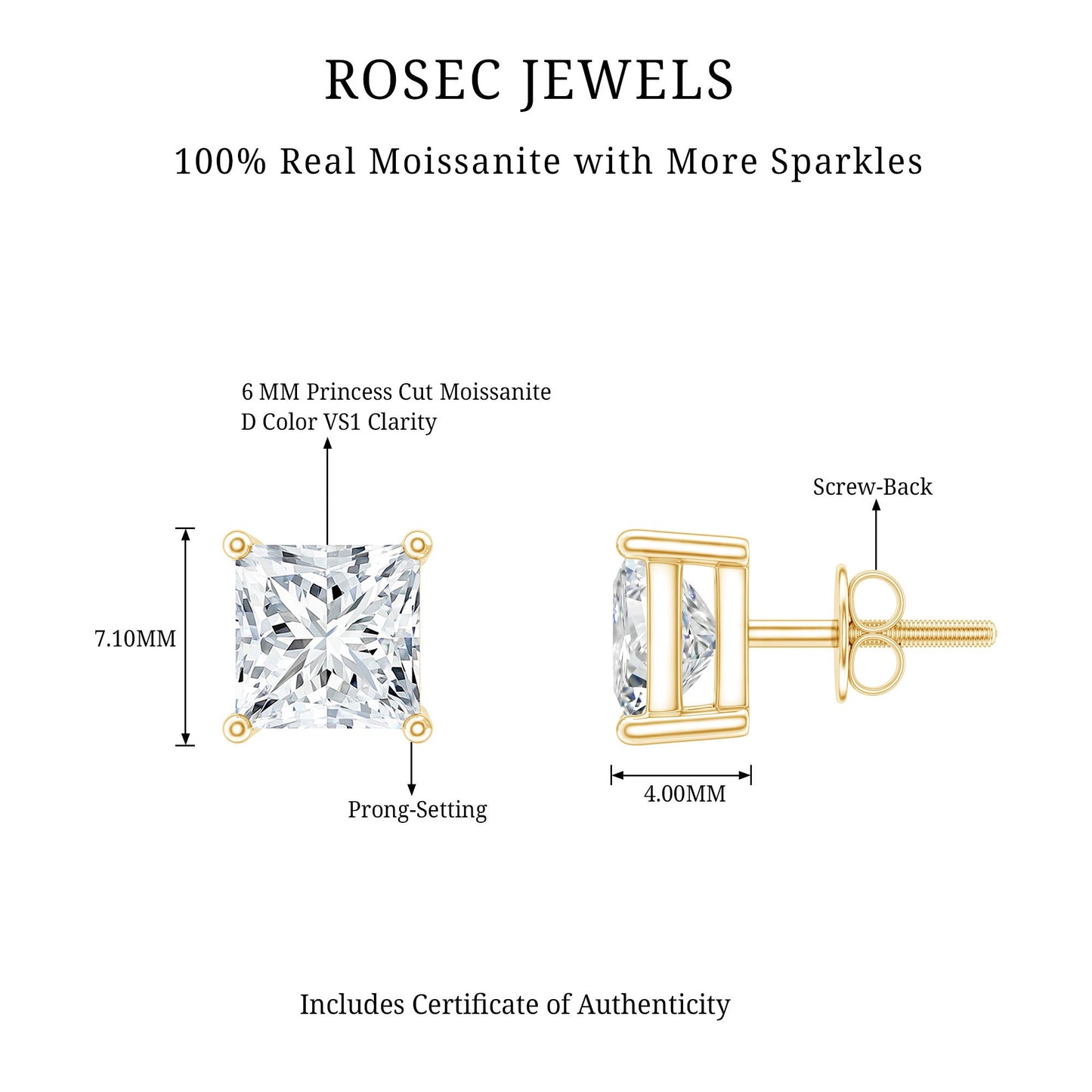 2.5 Carat Solitaire Princess Cut Moissanite Stud Earrings
