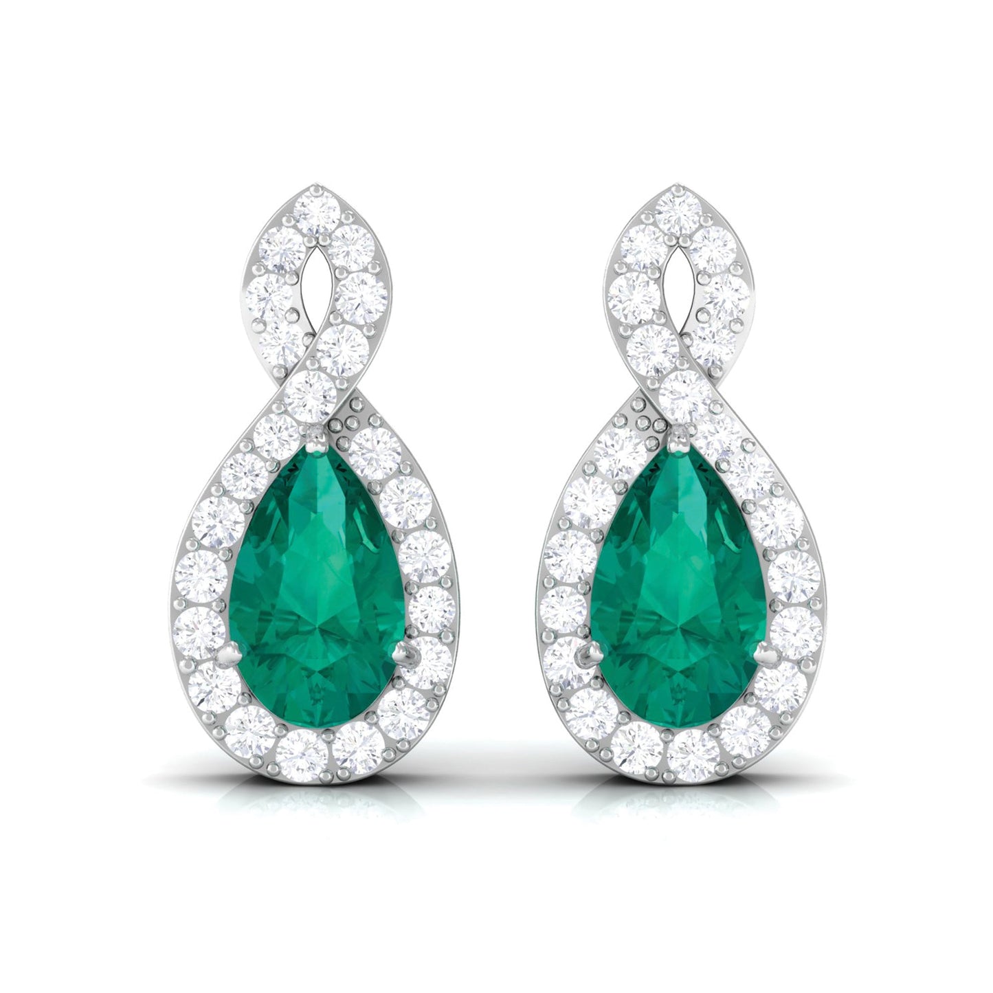 Natural Pear Shaped Emerald Diamond Infinity Stud Earrings