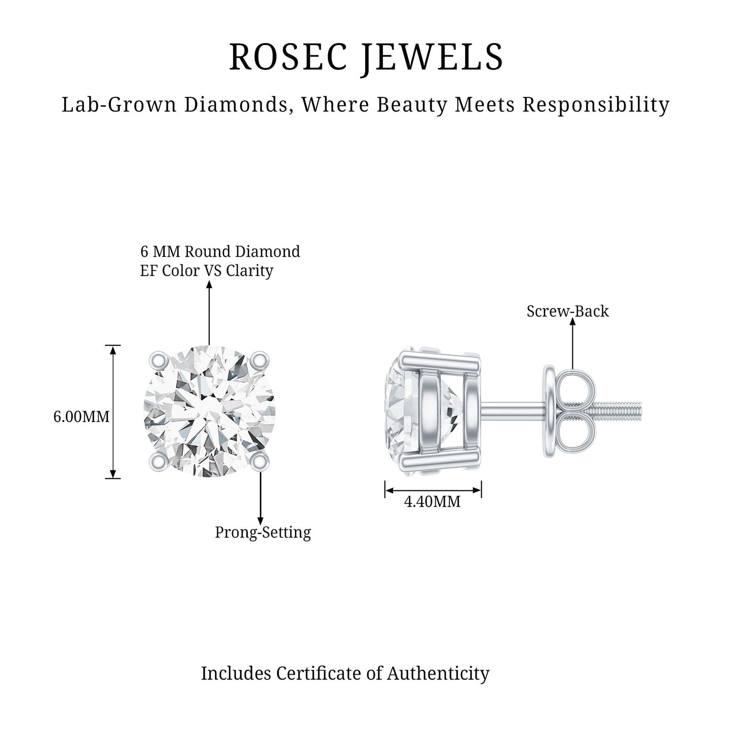 Solitaire 1.9 Carat Lab Grown Diamond Stud Earrings with Screw Back