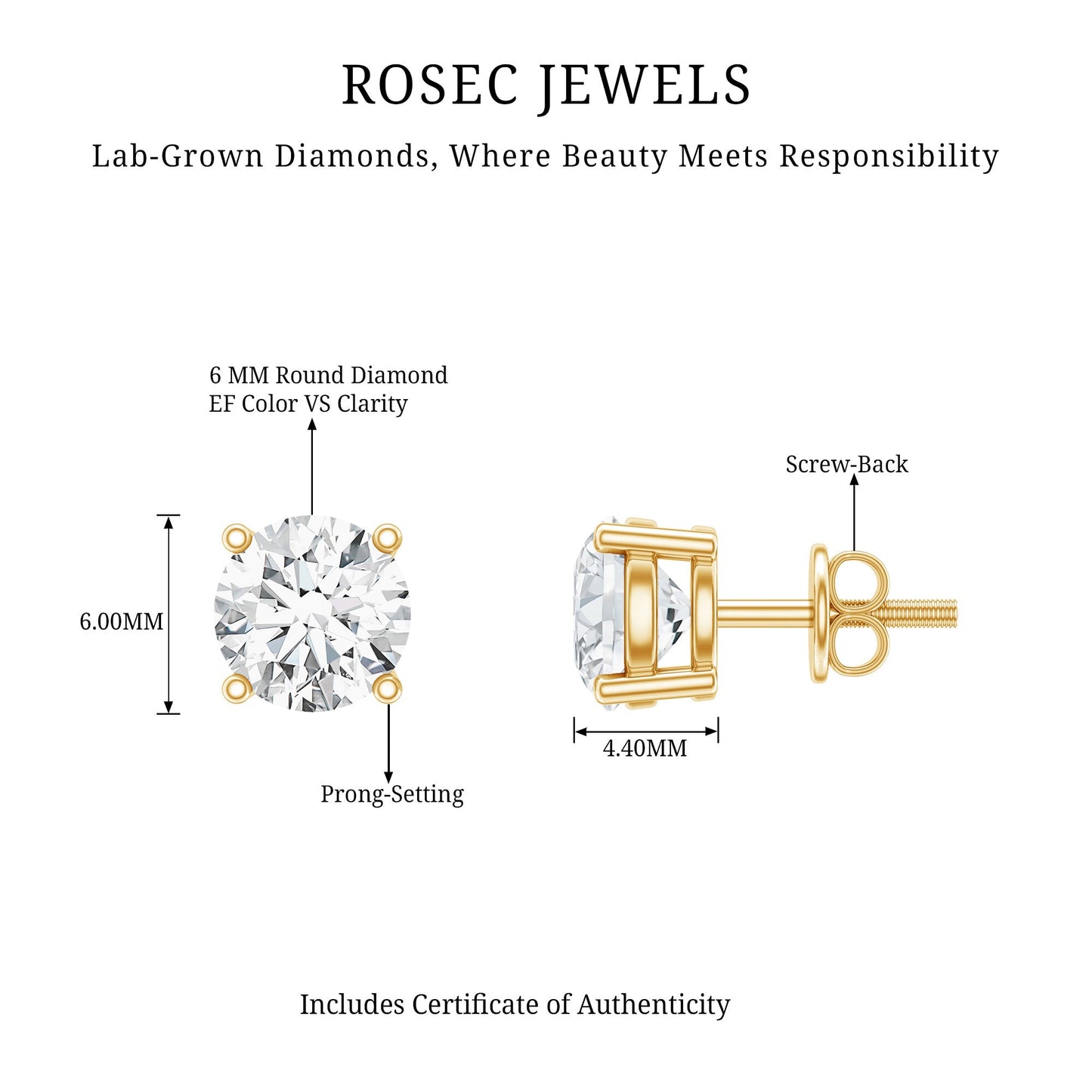 Solitaire 1.9 Carat Lab Grown Diamond Stud Earrings with Screw Back