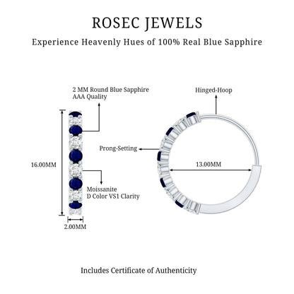 Round Blue Sapphire and Diamond Hinged Hoop Earrings with Certificate
