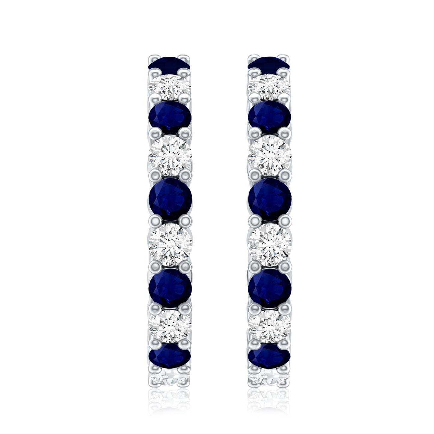 Round Blue Sapphire and Diamond Hinged Hoop Earrings with Certificate