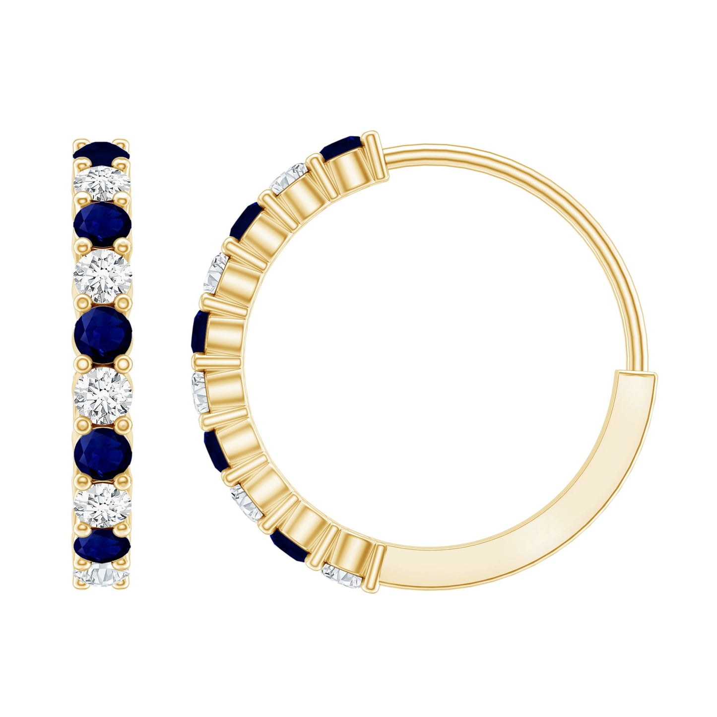 Round Blue Sapphire and Diamond Hinged Hoop Earrings with Certificate
