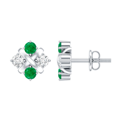 Certified Emerald and Lab Diamond Cluster Stud Earrings