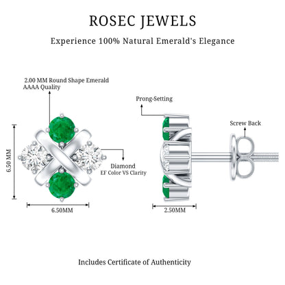 Certified Emerald and Lab Diamond Cluster Stud Earrings