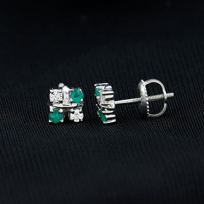 Certified Emerald and Lab Diamond Cluster Stud Earrings