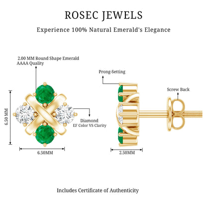 Certified Emerald and Lab Diamond Cluster Stud Earrings