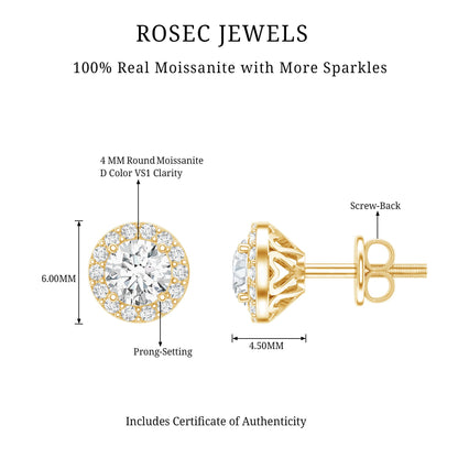 Certified Round Moissanite Halo Stud Earrings