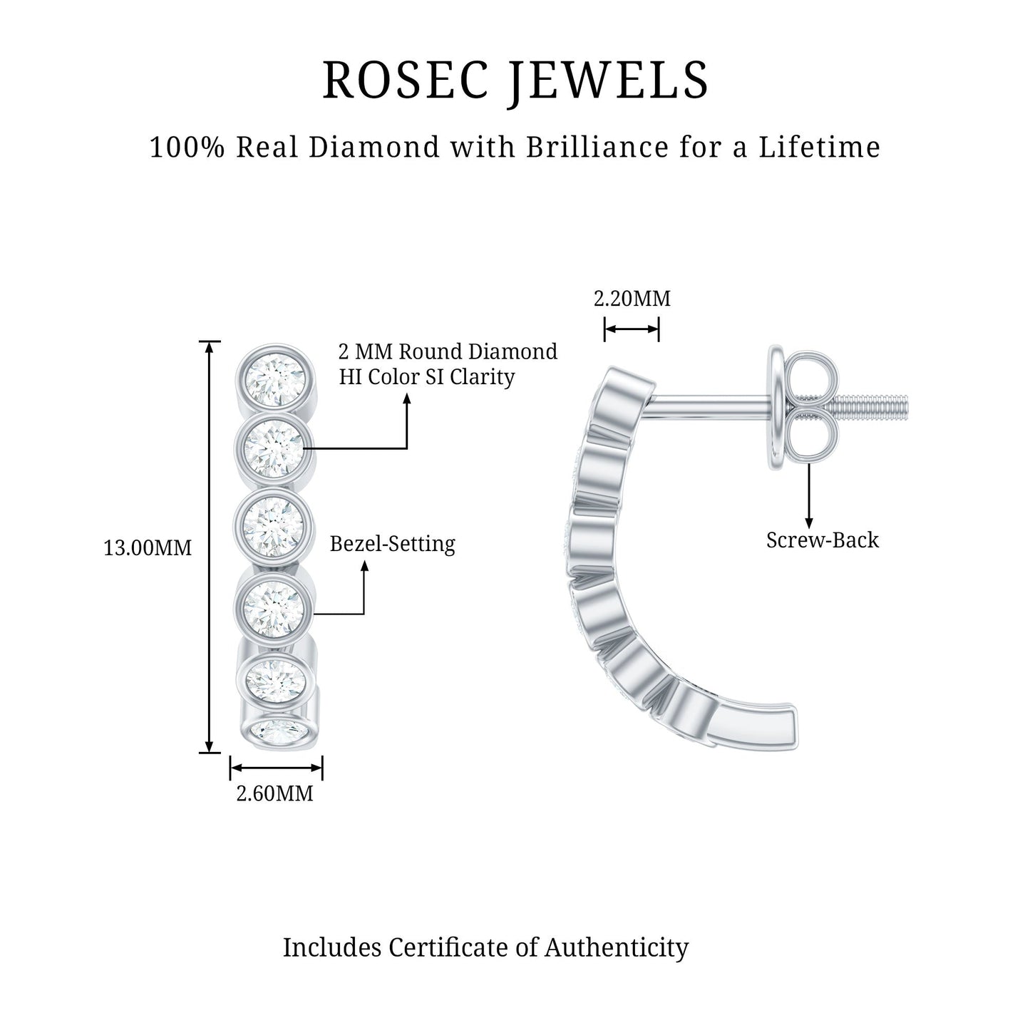 Bezel Set Round Diamond J Hoop Earrings