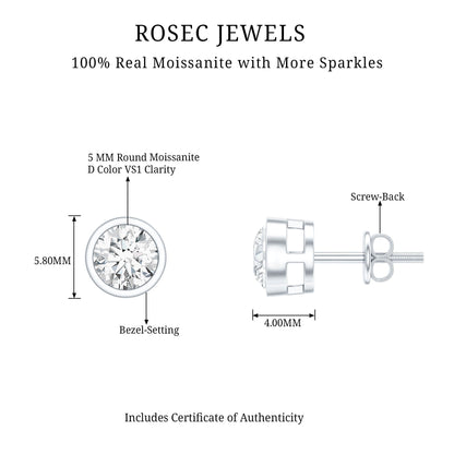 Bezel Set Round Cut Moissanite Stud Earrings