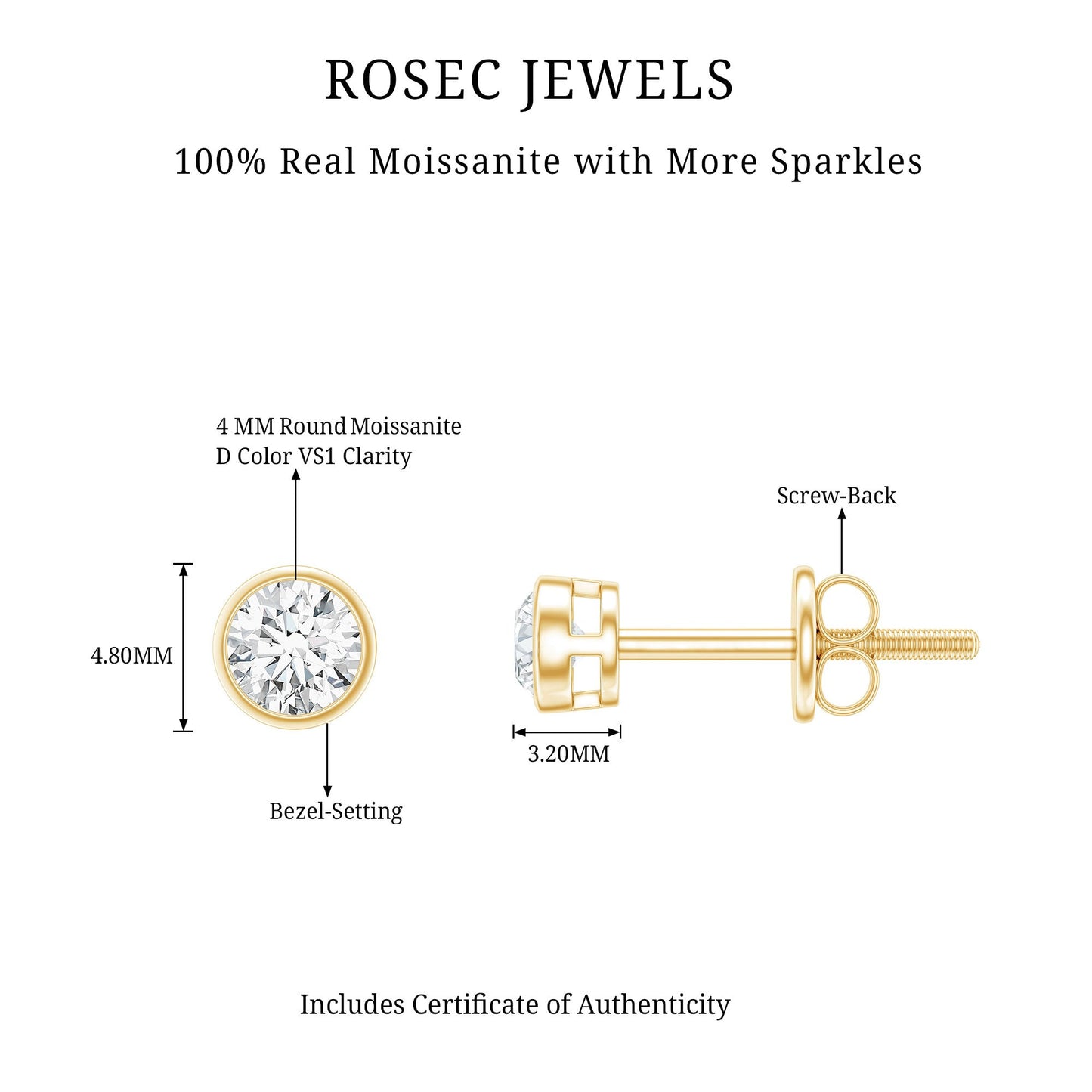 Dainty Solitaire Moissanite Stud Earrings in Bezel Setting