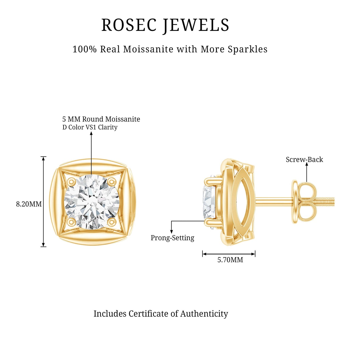 1 CT Solitaire Moissanite Stud Earrings for Women