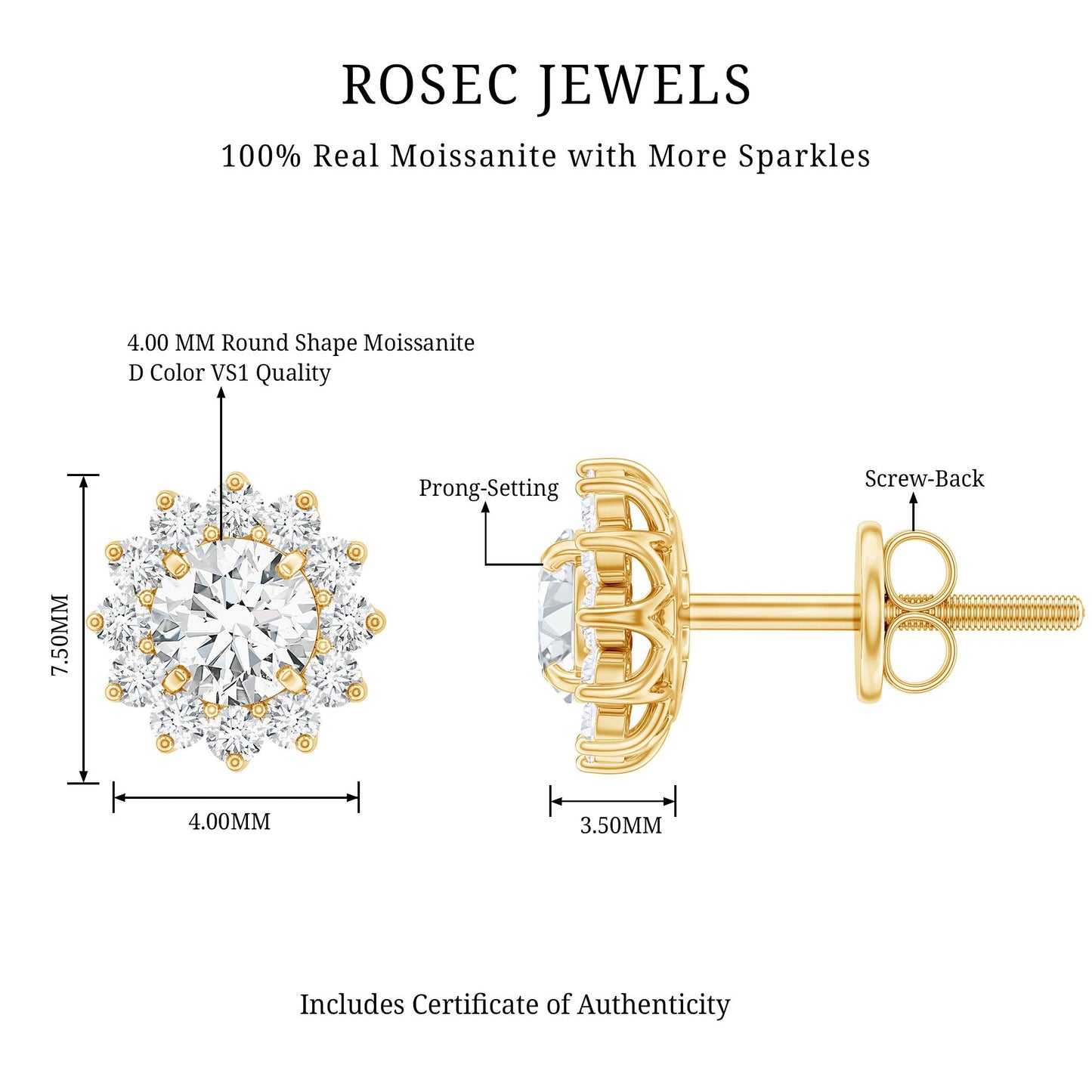 Certified Round Cut Moissanite Halo Stud Earrings for Women