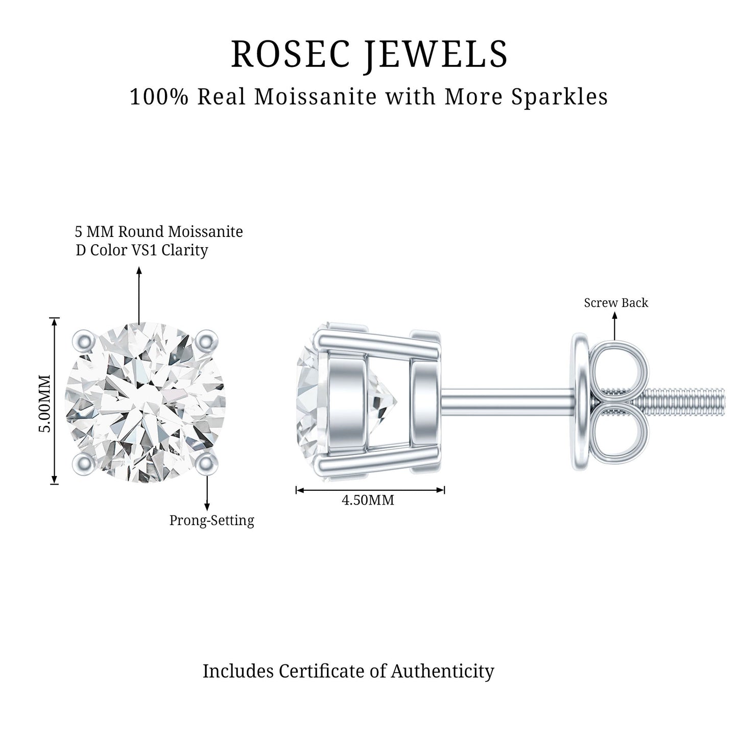 1 Carat Round Moissanite Solitaire Screw Back Stud Earrings