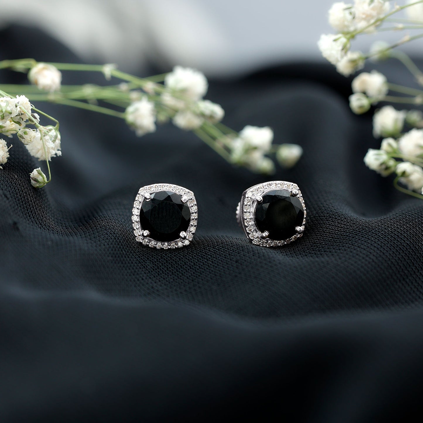 Lab Grown Black and White Diamond Halo Stud Earrings