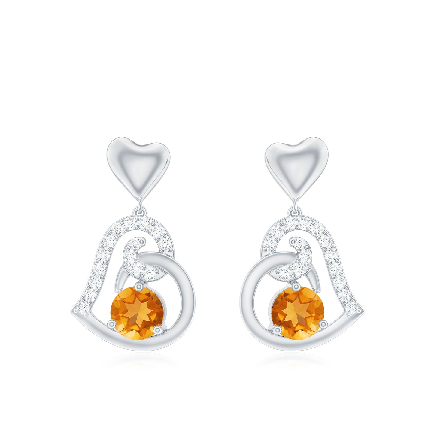 1 Carat Round Citrine and Diamond Heart Drop Earrings