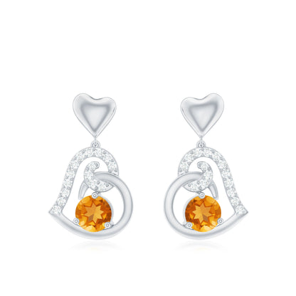 1 Carat Round Citrine and Diamond Heart Drop Earrings