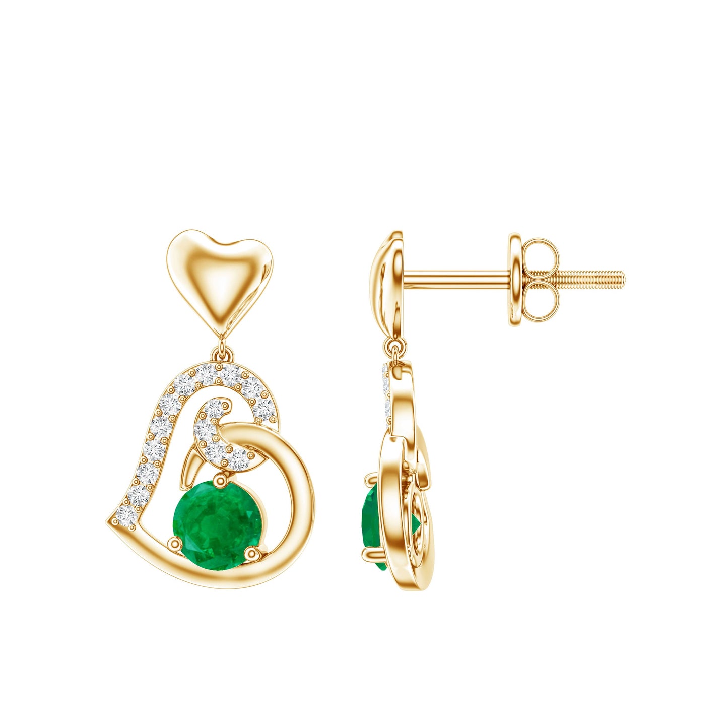 0.9 Carat Round Emerald and Diamond Heart Drop Earrings