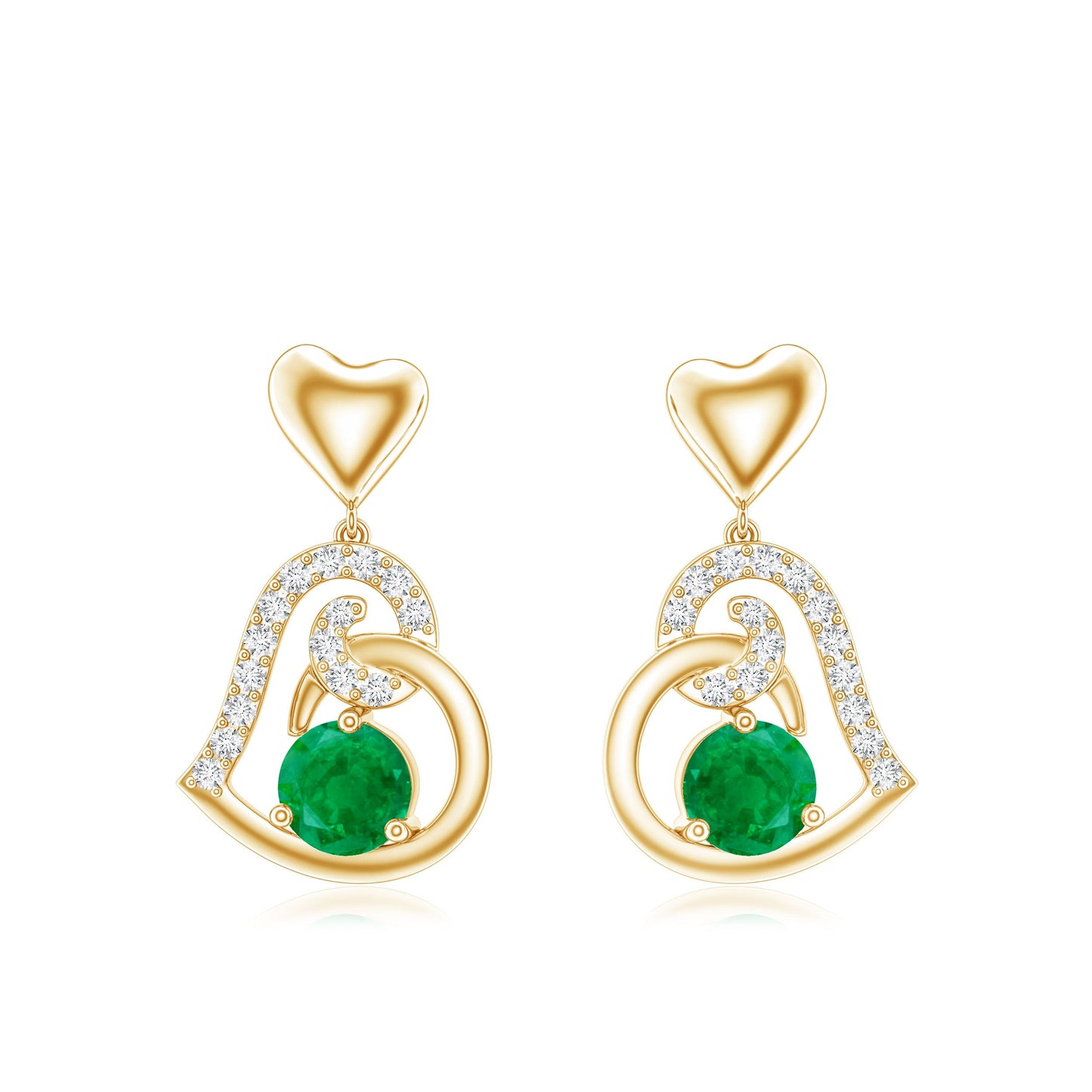 0.9 Carat Round Emerald and Diamond Heart Drop Earrings