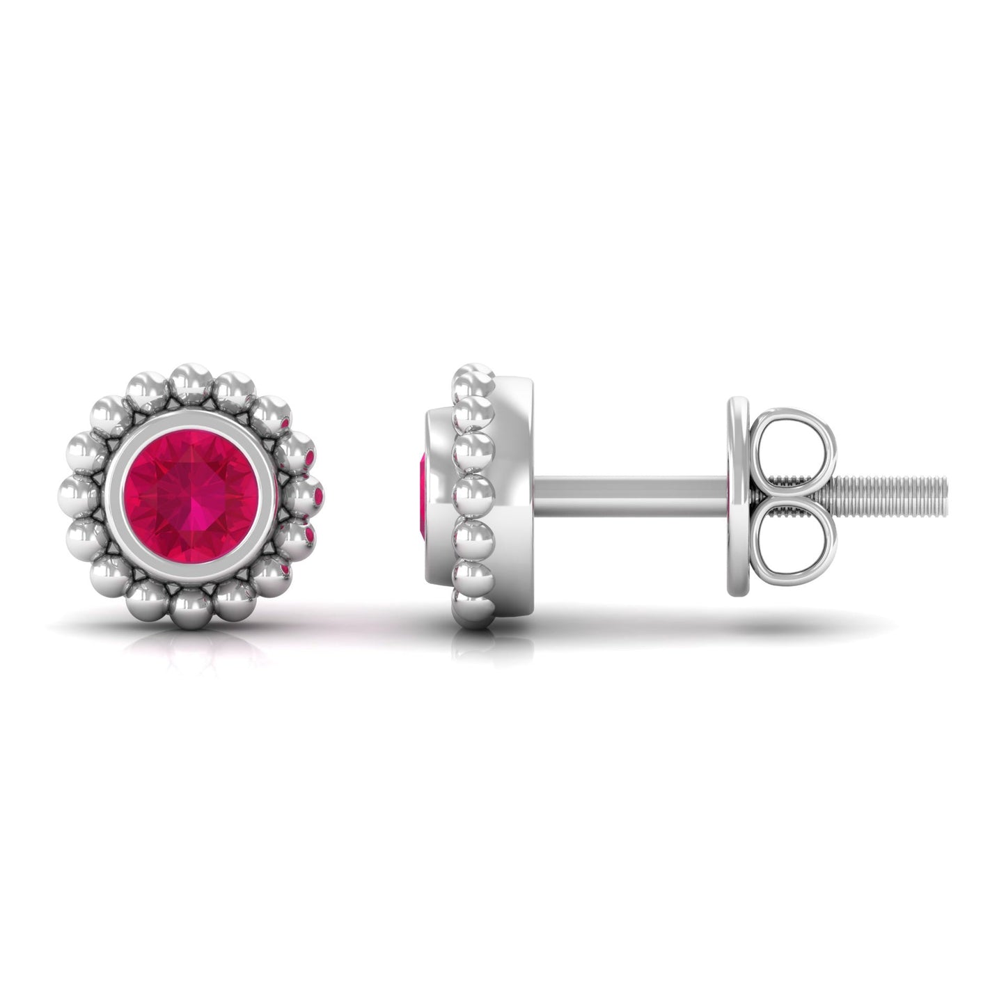 0.5 Carat Solitaire Ruby Stud Earrings in Beaded Bezel Setting