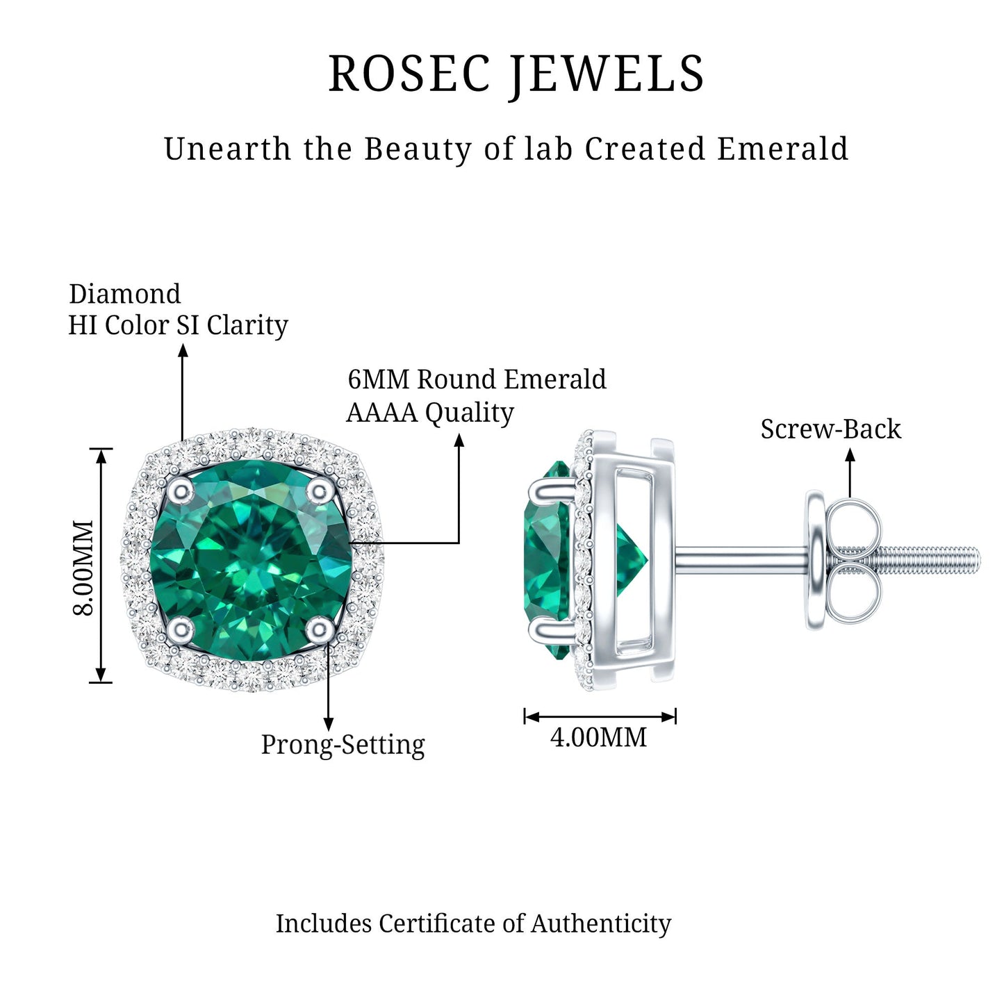 1.6 Carat Lab Grown Emerald Stud Earrings with Diamond Halo