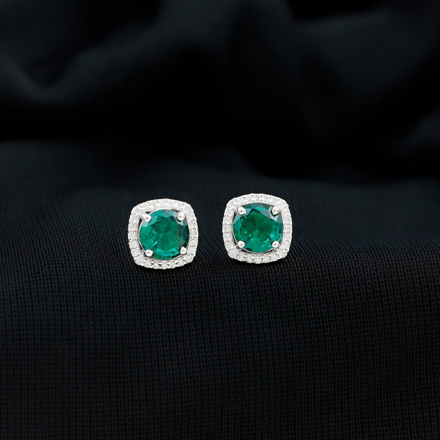 1.6 Carat Lab Grown Emerald Stud Earrings with Diamond Halo