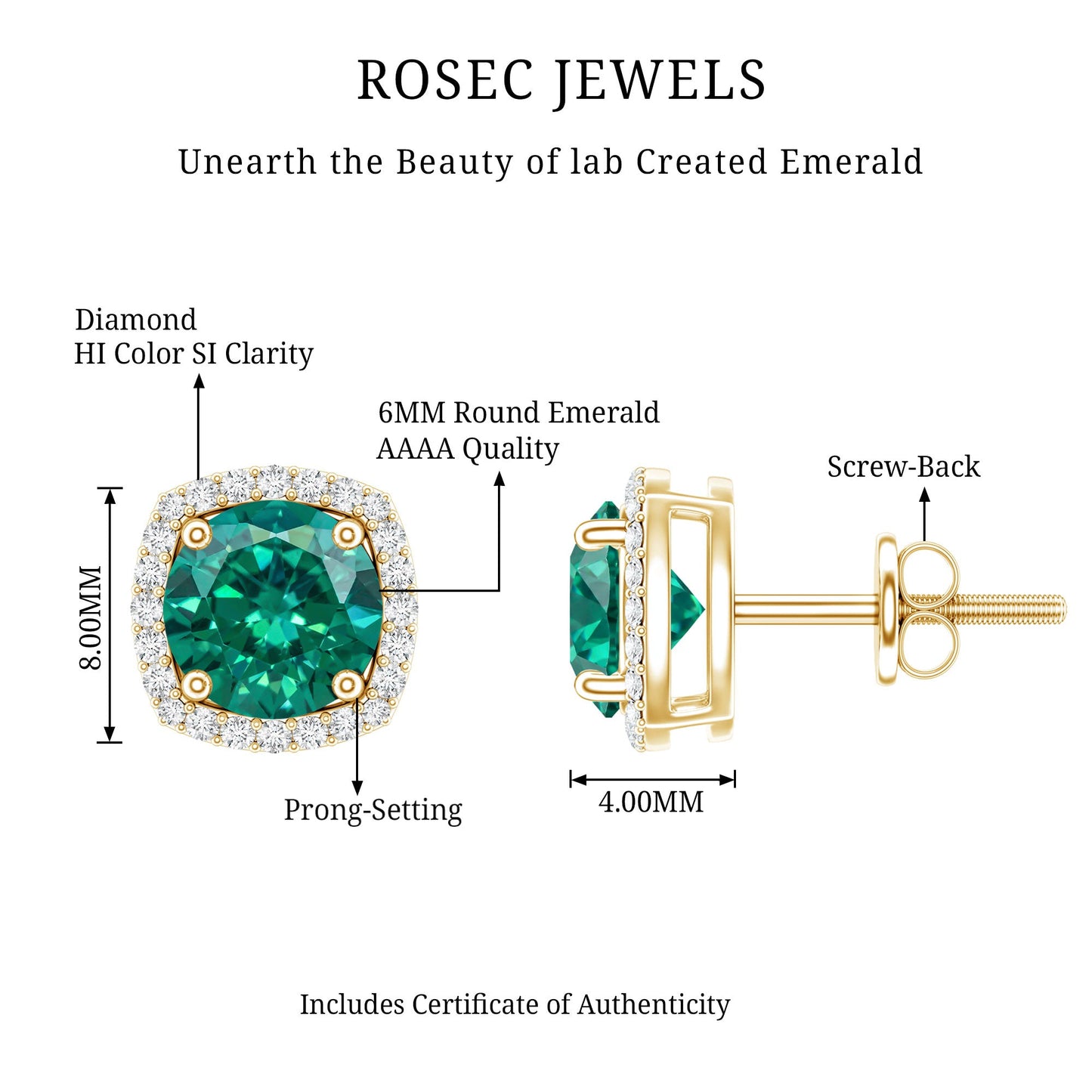 1.6 Carat Lab Grown Emerald Stud Earrings with Diamond Halo