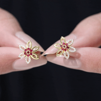 Natural Ruby Floral Stud Earrings with Diamond Stones