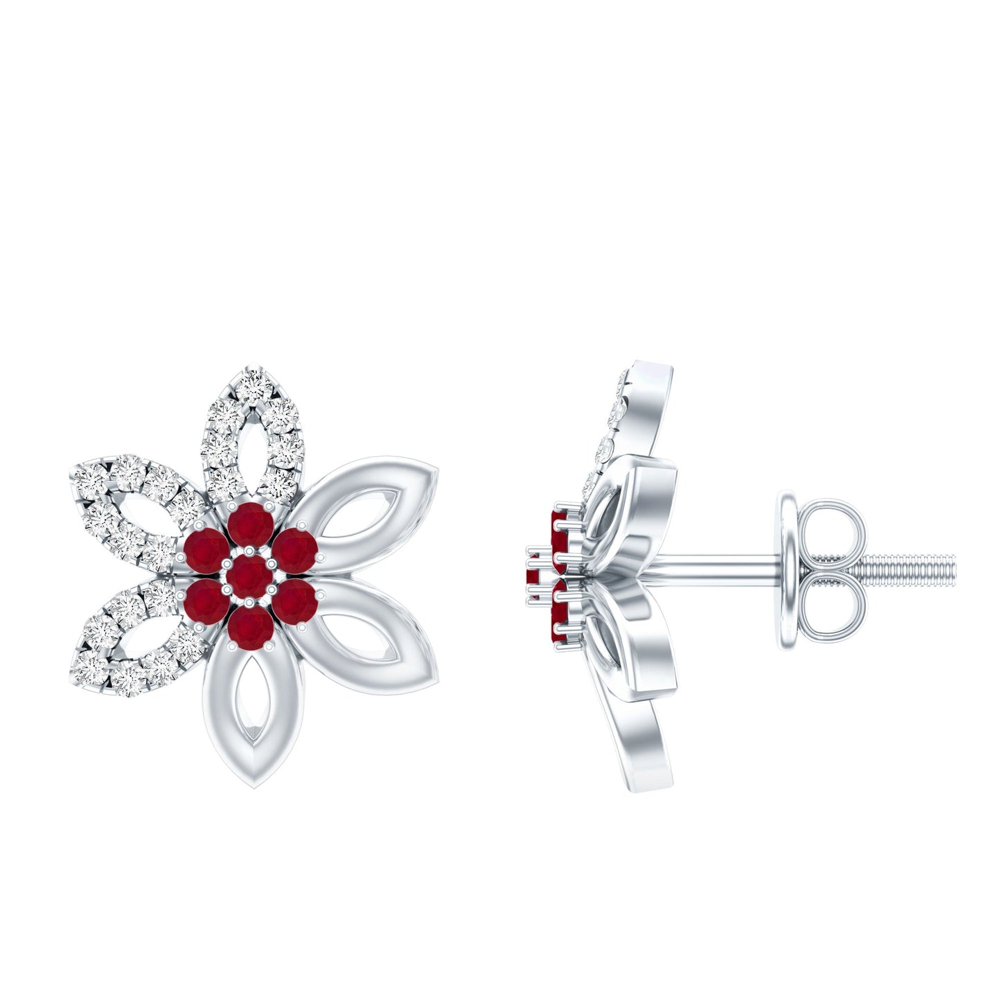 Natural Ruby Floral Stud Earrings with Diamond Stones