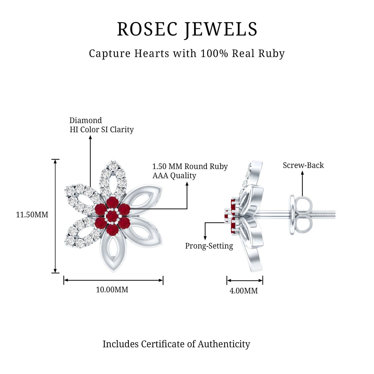 Natural Ruby Floral Stud Earrings with Diamond Stones