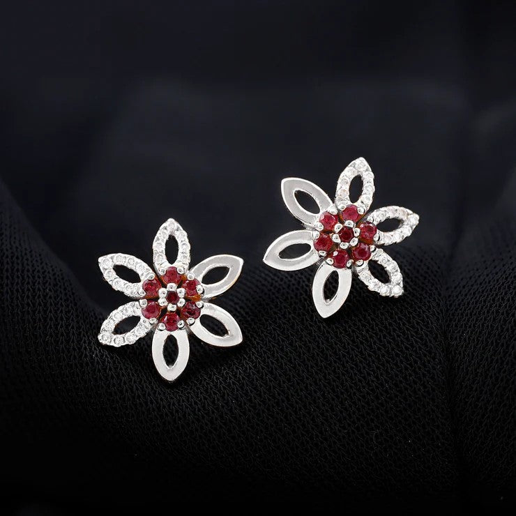 Natural Ruby Floral Stud Earrings with Diamond Stones