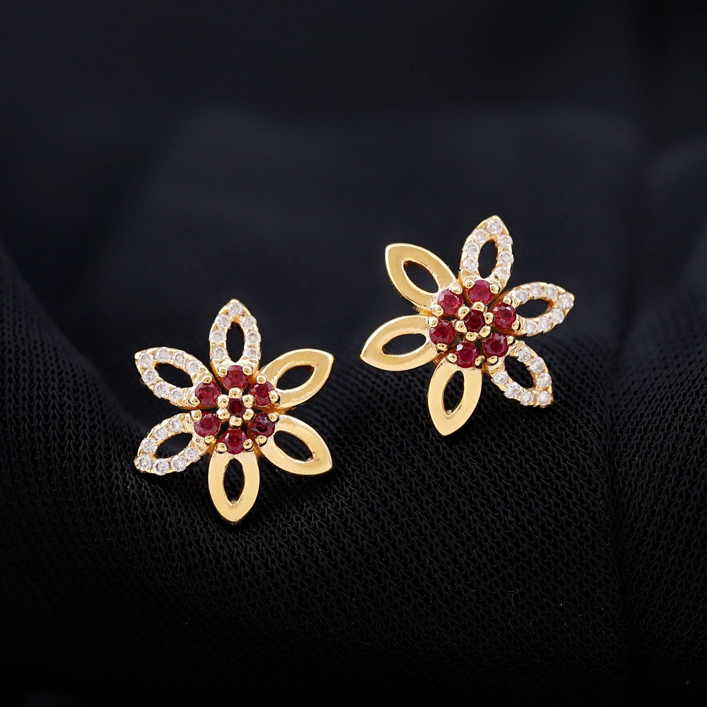 Natural Ruby Floral Stud Earrings with Diamond Stones