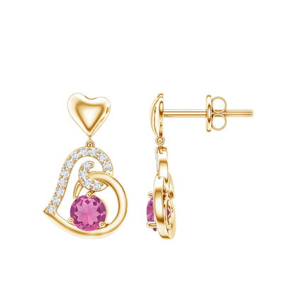 Real Pink Tourmaline and Diamond Heart Drop Earrings