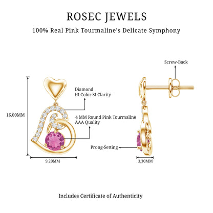 Real Pink Tourmaline and Diamond Heart Drop Earrings