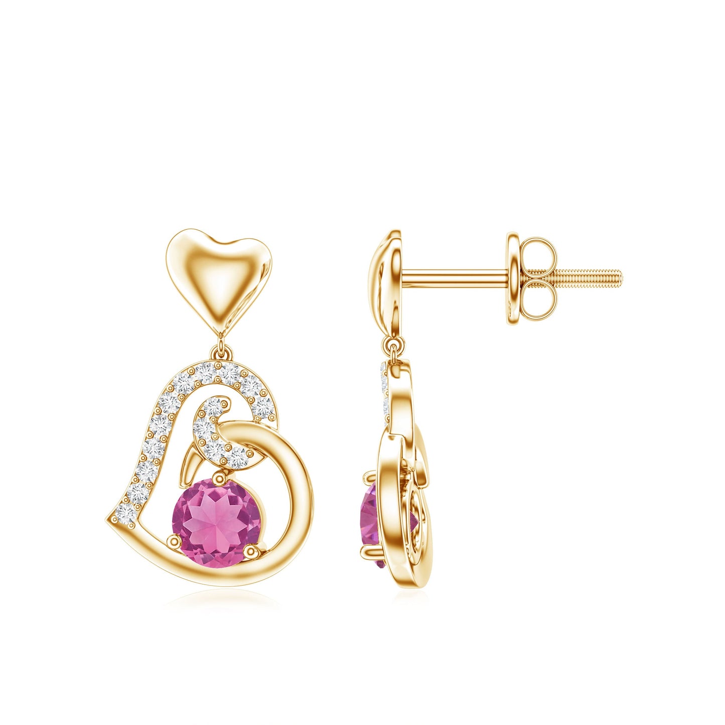 Real Pink Tourmaline and Diamond Heart Drop Earrings
