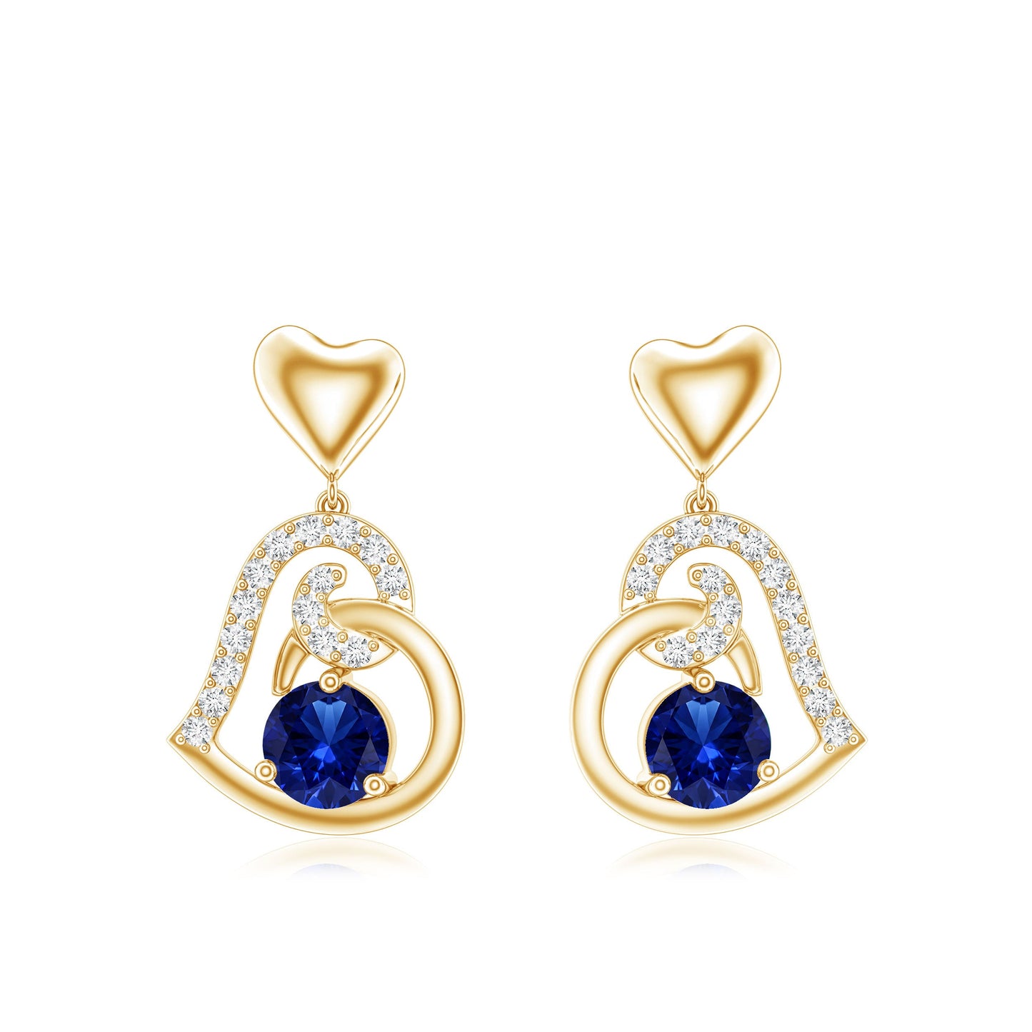 Created Blue Sapphire and Diamond Heart Drop Earrings