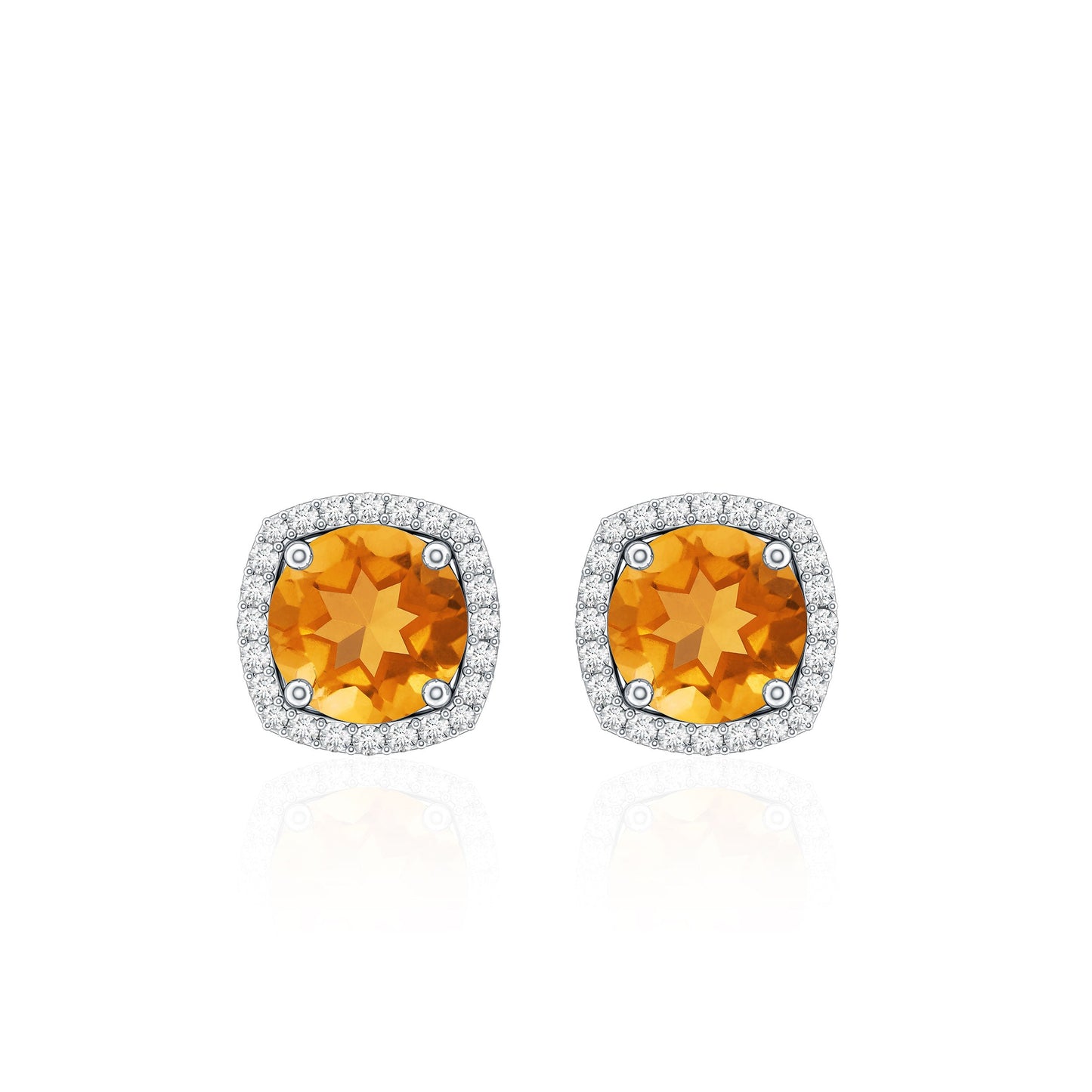 Round Shape Citrine Stud Earrings with Diamond Halo