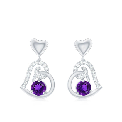 Natural Amethyst Diamond Heart Drop Earrings