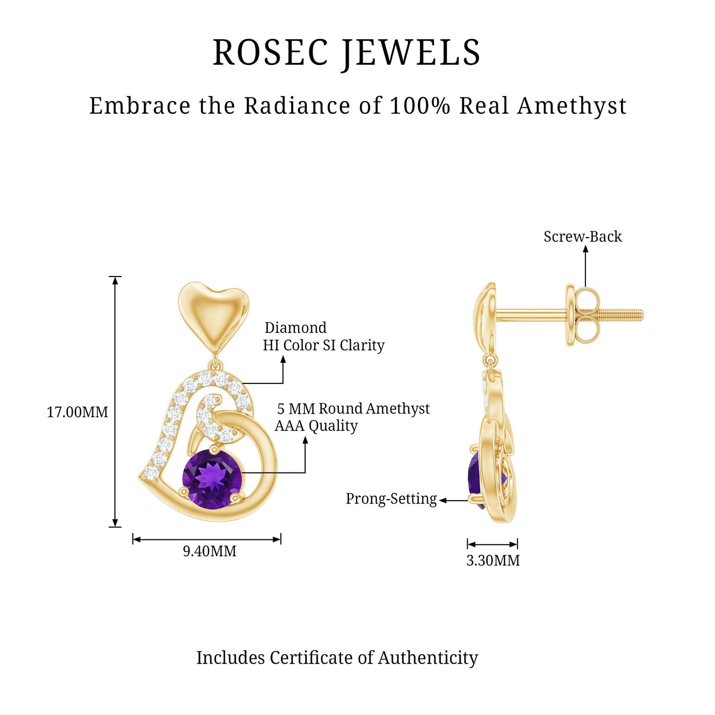 Natural Amethyst Diamond Heart Drop Earrings