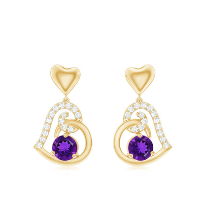 Natural Amethyst Diamond Heart Drop Earrings