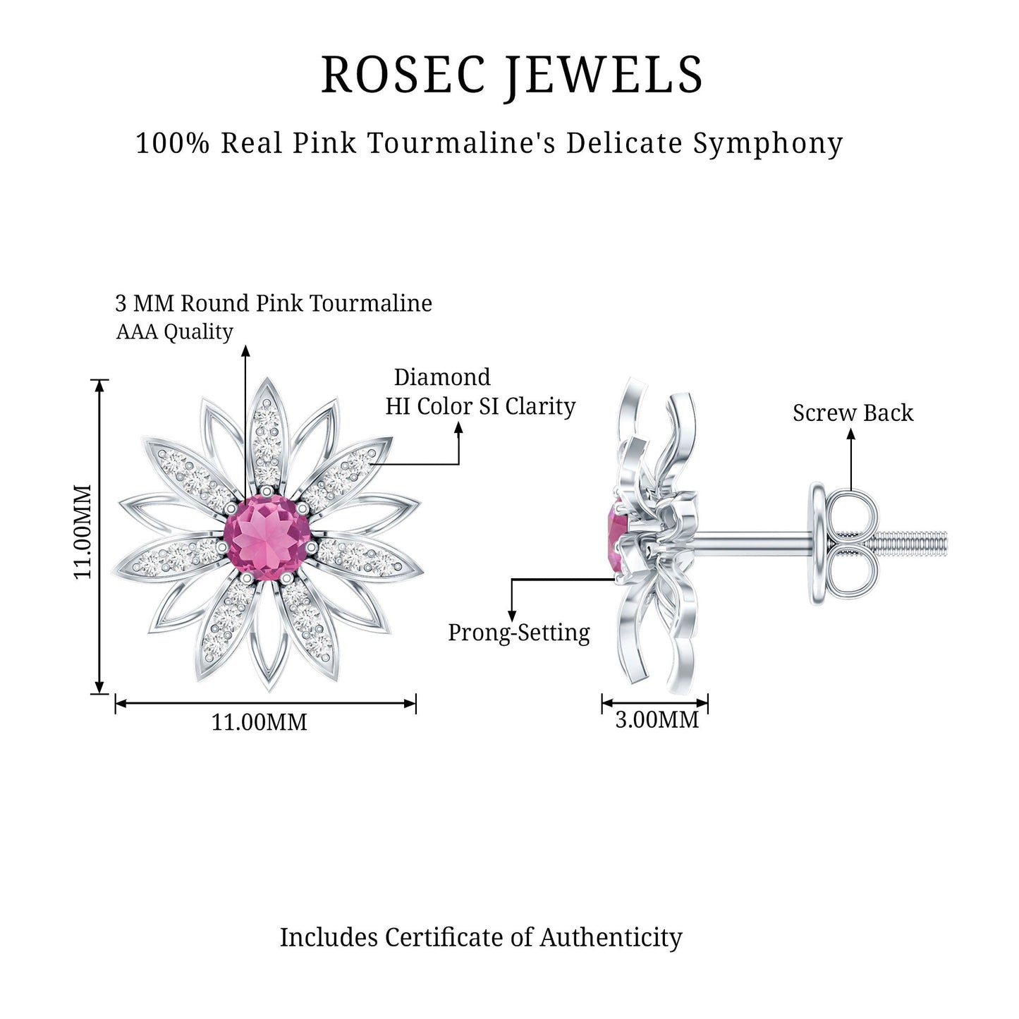 Round Pink Tourmaline Flower Stud Earrings with Diamond