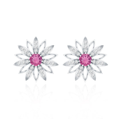 Round Pink Tourmaline Flower Stud Earrings with Diamond